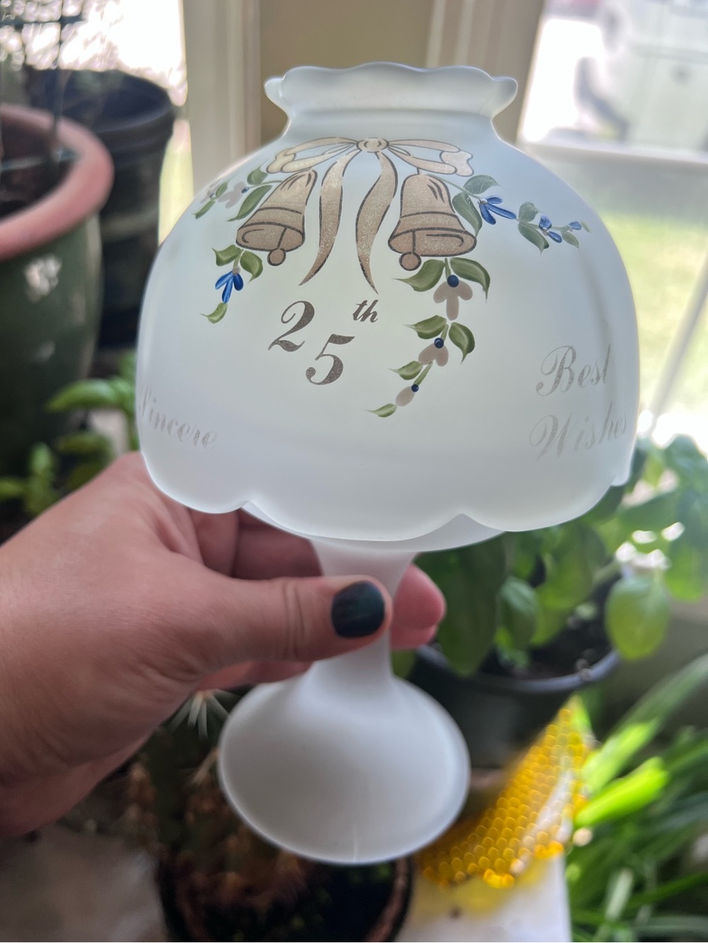 Westmoreland Frosted White Pedestal Vase with 25th Anniversary Bells